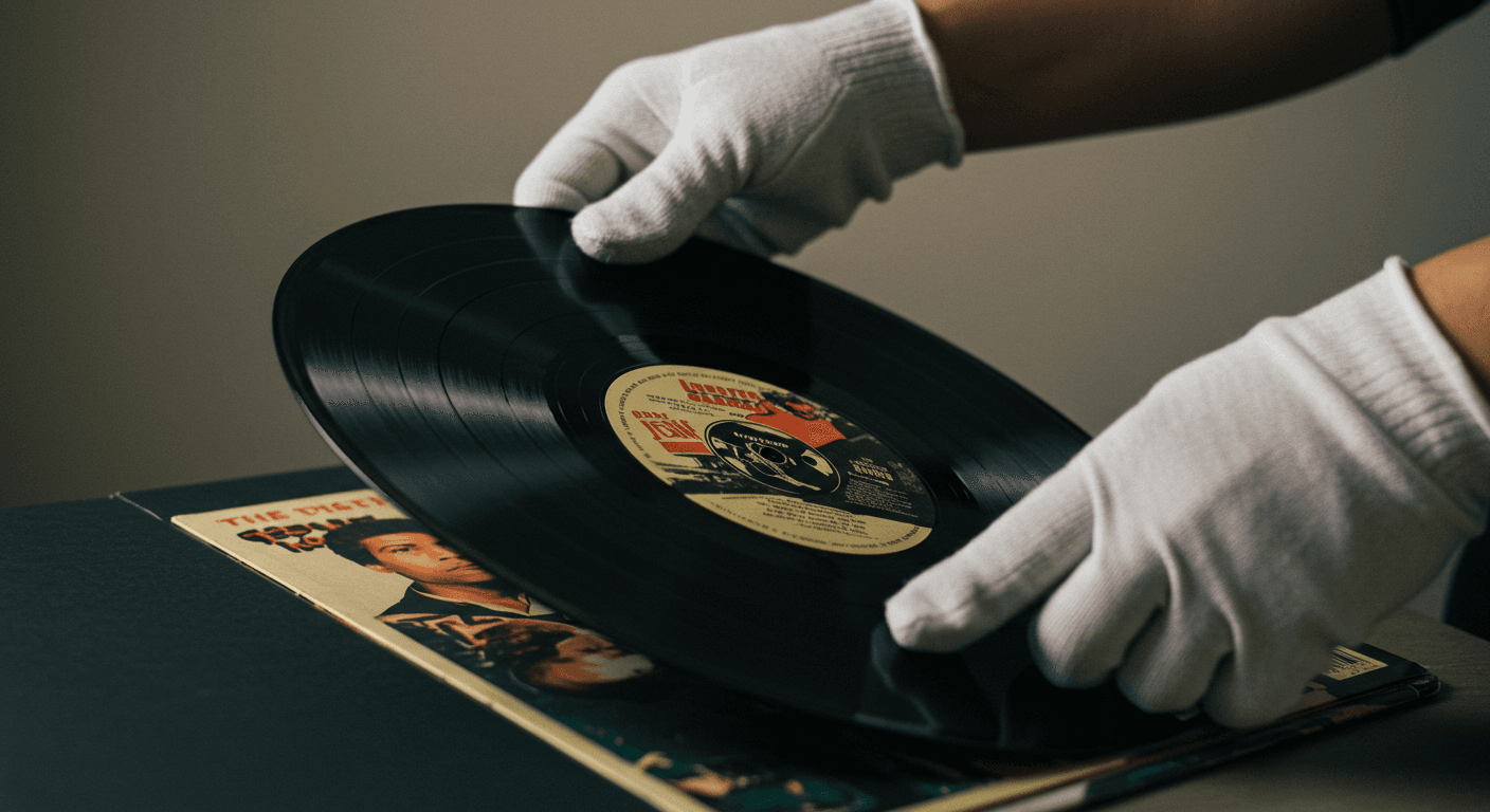 Un collectionneur portant des gants blancs retire un vinyle rare de sa pochette.